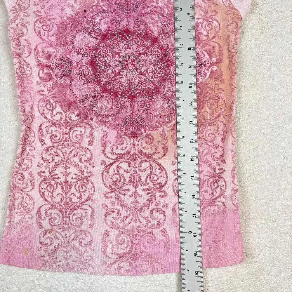 Vintage Y2K Justice Shirt Girls M Pink Boho Medallion VNeck Twee Coquette Fairy